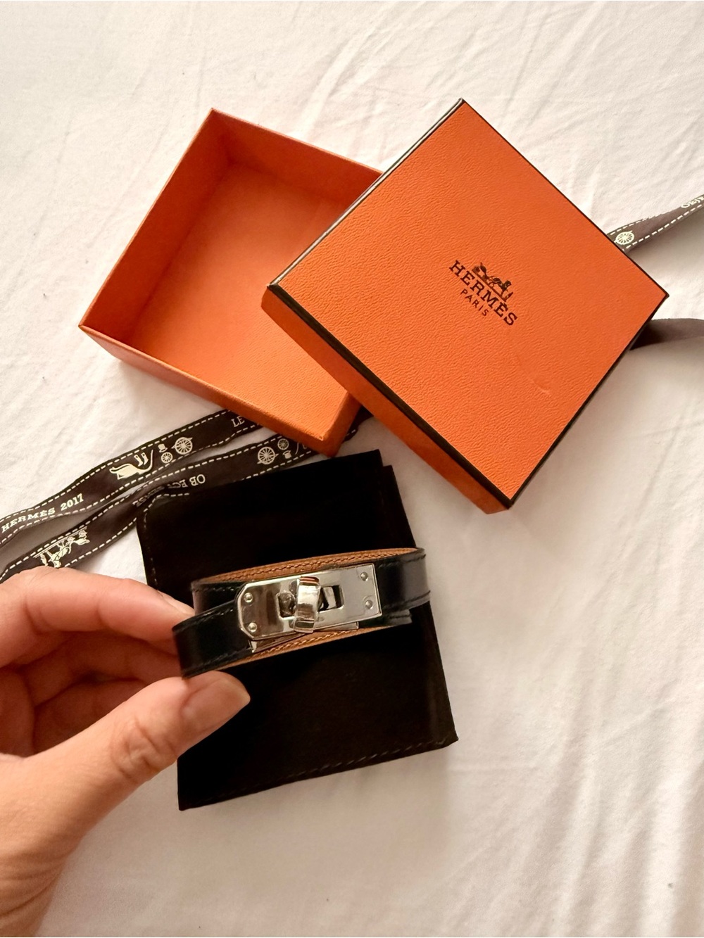 Hermes Black and Tan Leather Bracelet with Silver Hardware